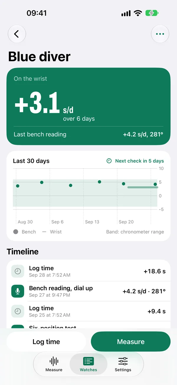 One watch page: on the wrist +3.1 seconds a day over 6 days, rate chart and timeline